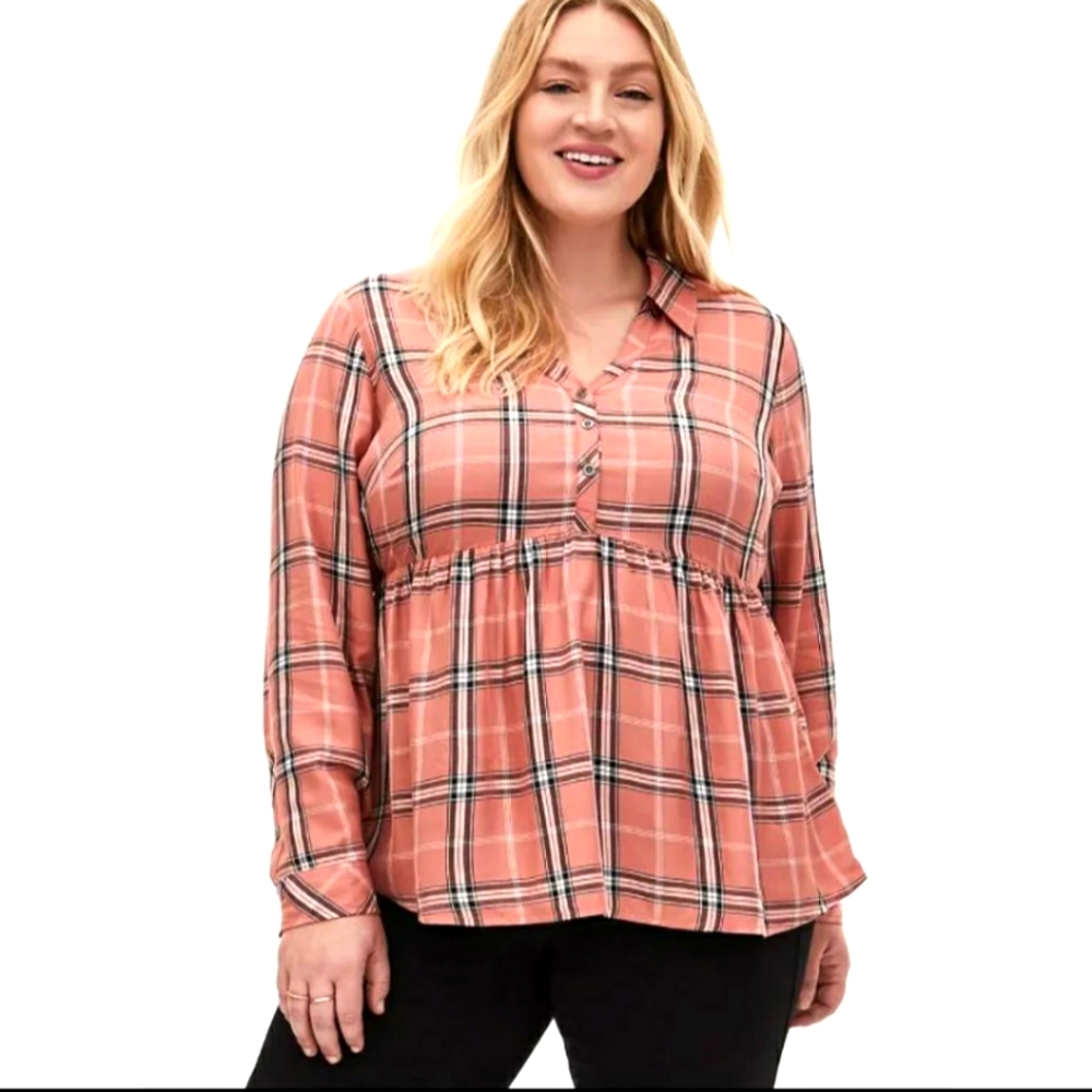 Torrid peach plaid washed twill peplum blouse top size 4xl